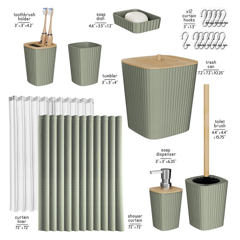 Clara Clark Bathroom Accessories Set - Bathroom Set, Bathroom Accessory Set, Shower Curtain Set, Toilet Brush, Trash Can & Soap Dispenser - Sage Green - 20PC - Image 2