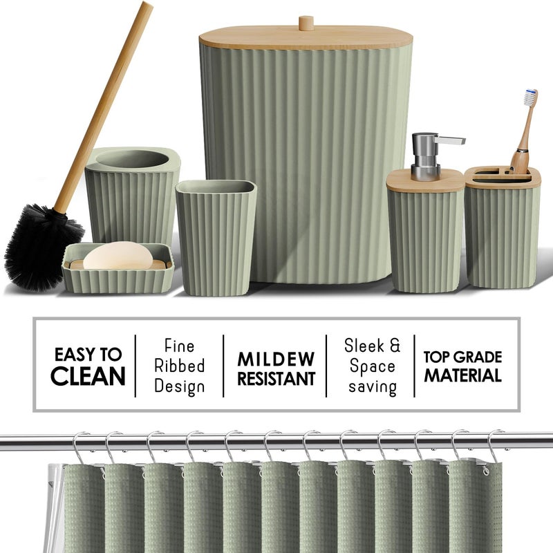 Clara Clark Bathroom Accessories Set - Bathroom Set, Bathroom Accessory Set, Shower Curtain Set, Toilet Brush, Trash Can & Soap Dispenser - Sage Green - 20PC - Image 5