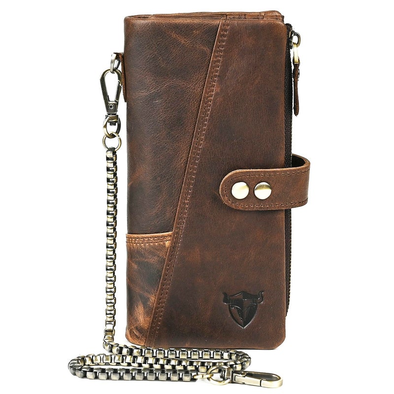 Handadsume Genuine Crazy Horse Leather Travel Gift Coin Pocket Card Case Long Organizer Chain Rfid Wallet Purse With Snap For Men Male 1803 1803 dark coffee - Image 2