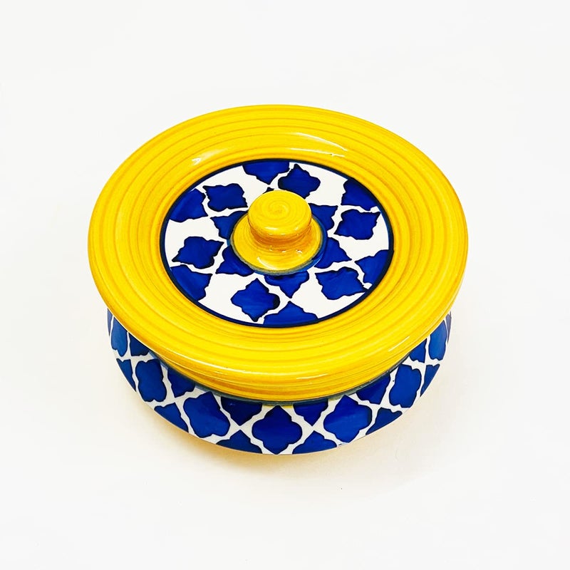 SG Shadowgreen ShadowGreen | Ceramic Serving Dekchi | Serving Bowl with Lid | Dinner/Gravy Bowl | Blue Yellow Design | Set of 1 | (Medium (750ml)) - Image 2