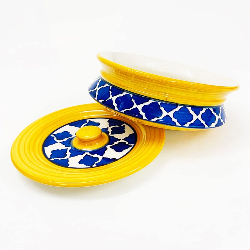 SG Shadowgreen ShadowGreen | Ceramic Serving Dekchi | Serving Bowl with Lid | Dinner/Gravy Bowl | Blue Yellow Design | Set of 1 | (Medium (750ml)) - Image 1