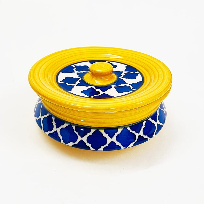 SG Shadowgreen ShadowGreen | Ceramic Serving Dekchi | Serving Bowl with Lid | Dinner/Gravy Bowl | Blue Yellow Design | Set of 1 | (Medium (750ml)) - Image 4