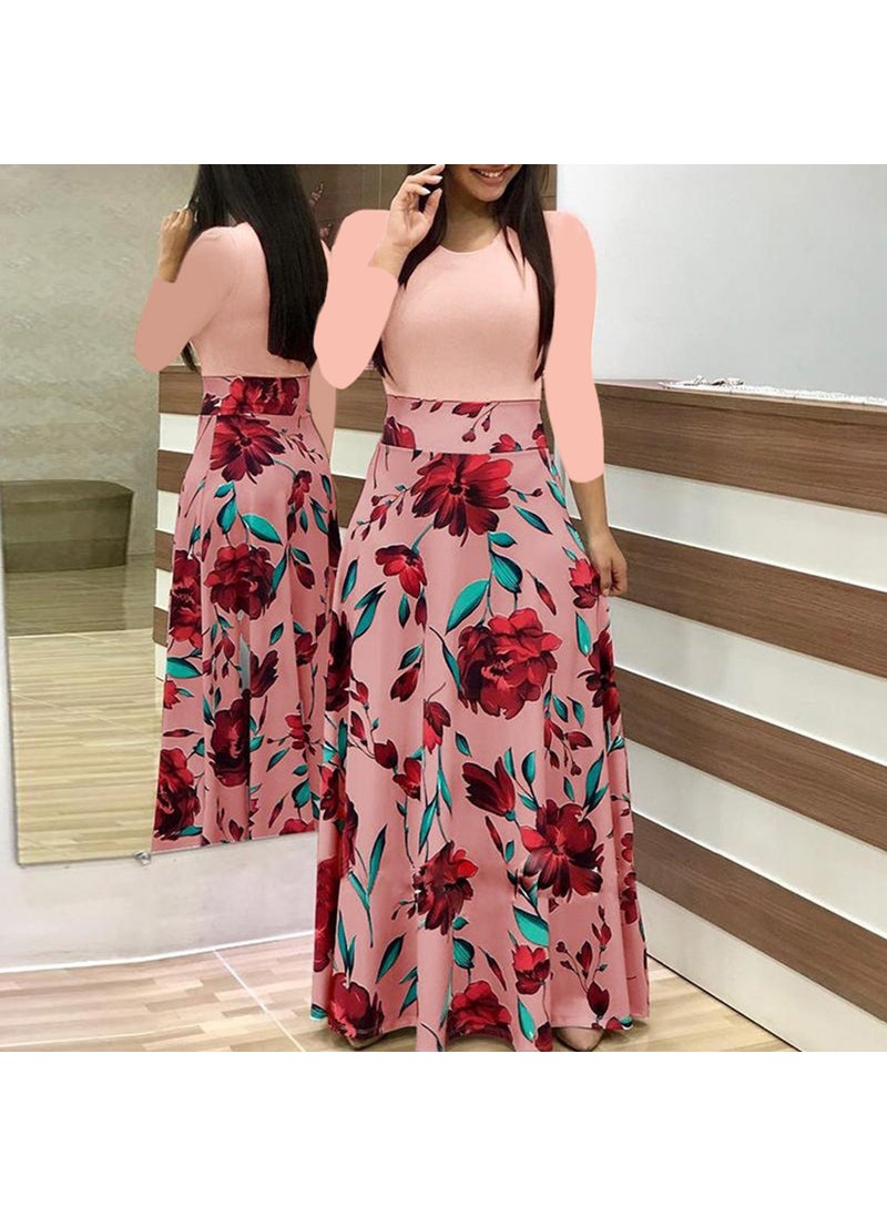 Generic 2021wish Amazon Europe Fashionable Floral Printing Color Block Dress Long Sleeve Womens Clothing Long Dress Dot  - Image 2