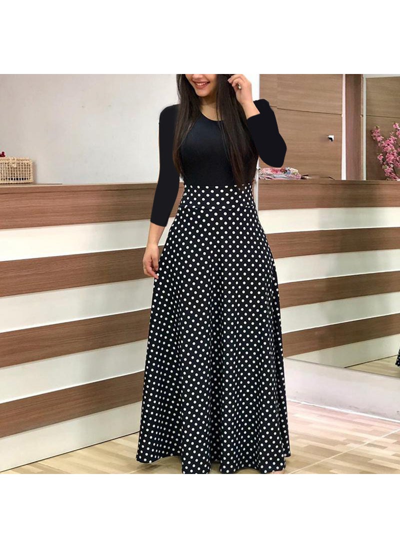 Generic 2021wish Amazon Europe Fashionable Floral Printing Color Block Dress Long Sleeve Womens Clothing Long Dress Dot  - Image 1