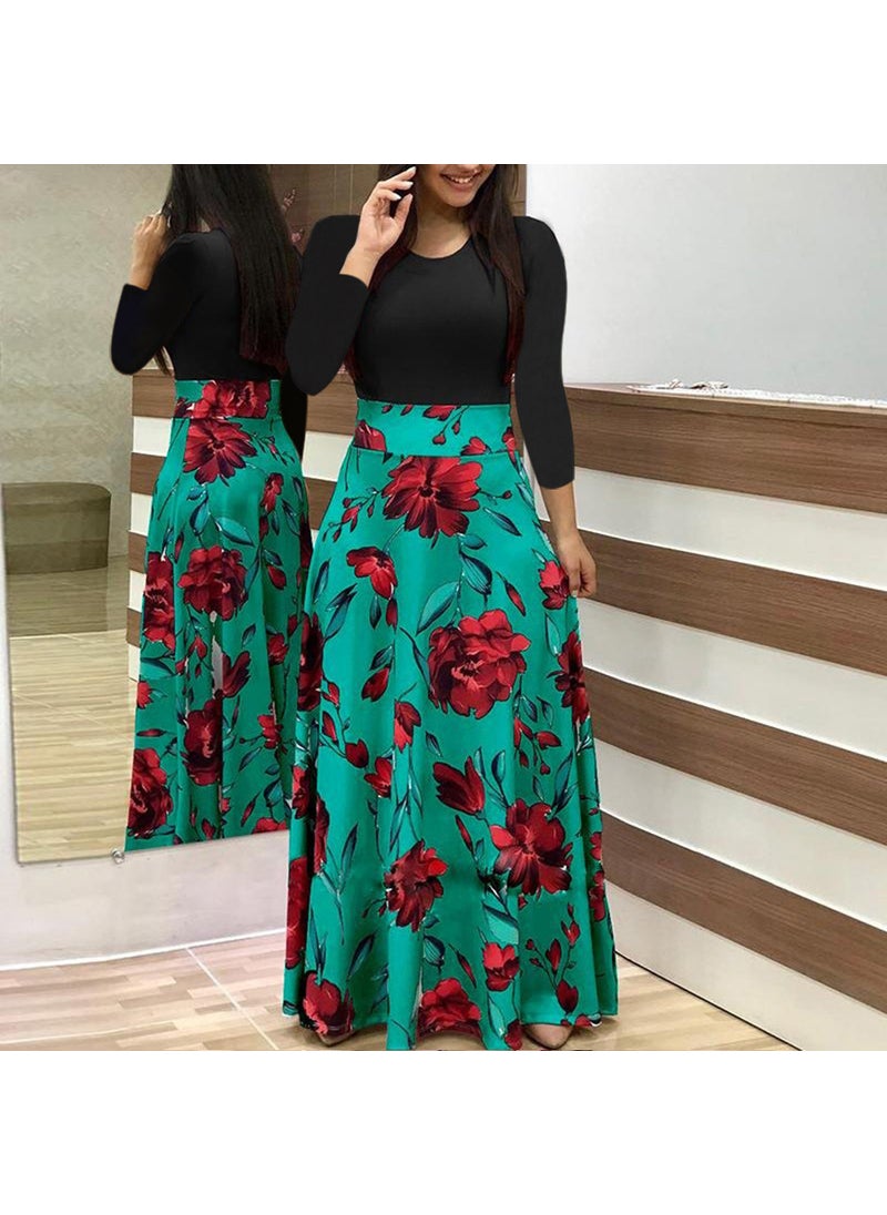 Generic 2021wish Amazon Europe Fashionable Floral Printing Color Block Dress Long Sleeve Womens Clothing Long Dress Dot  - Image 3