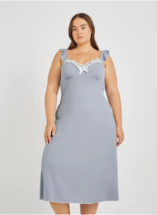 ستايلي Styli Plus Size Solid Lace Trim Lettuce Edge Nightdress with Plunge Neck