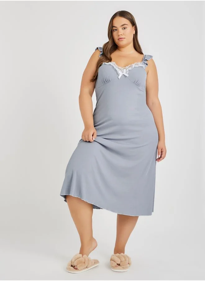 ستايلي Styli Plus Size Solid Lace Trim Lettuce Edge Nightdress with Plunge Neck