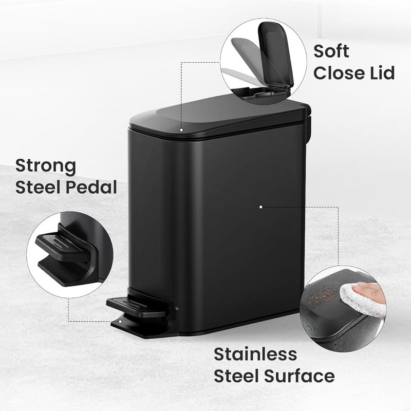 Cesun Small Bathroom Trash Can with Lid, Soft Close Step Pedal, 6 Liter Stainless Steel Garbage Can (Matt Black) - Image 4