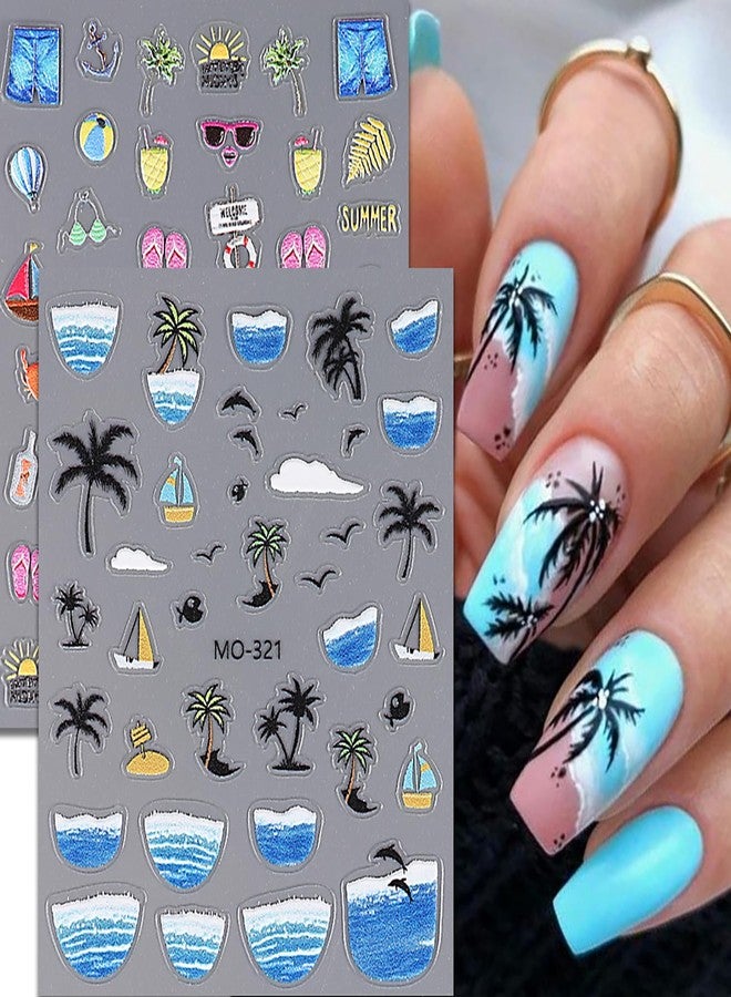 TBRZTR Summer Beach 3D Self-Adhesive Nail Art Stickers - Coconut Tree, Starfish, Jellyfish, Shell Decals With Sunlight Waves Balloon Design for Women DIY Accessories Supplies - Image 1
