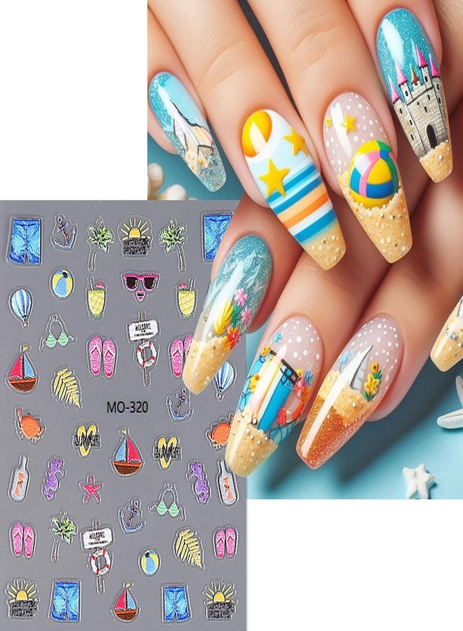 TBRZTR Summer Beach 3D Self-Adhesive Nail Art Stickers - Coconut Tree, Starfish, Jellyfish, Shell Decals With Sunlight Waves Balloon Design for Women DIY Accessories Supplies - Image 3