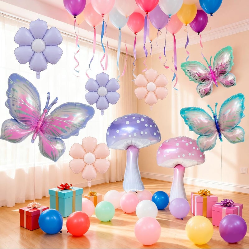 Ou Rui 9Pcs Butterfly Balloon Mushroom Balloons and Daisy Flower for Girls Birthday Decor Butterfl Themed Party Supplies Spring Holiday Picnic Decor and Fantasy Fairy Garden Party Wedding Arch Decorations - Image 5