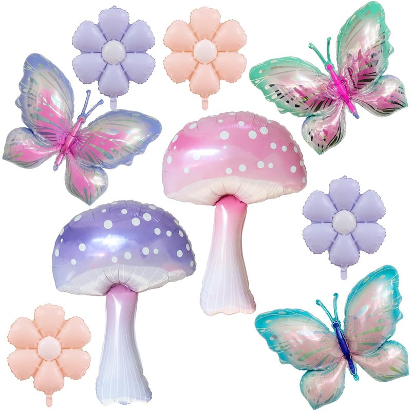 Ou Rui 9Pcs Butterfly Balloon Mushroom Balloons and Daisy Flower for Girls Birthday Decor Butterfl Themed Party Supplies Spring Holiday Picnic Decor and Fantasy Fairy Garden Party Wedding Arch Decorations - Image 1
