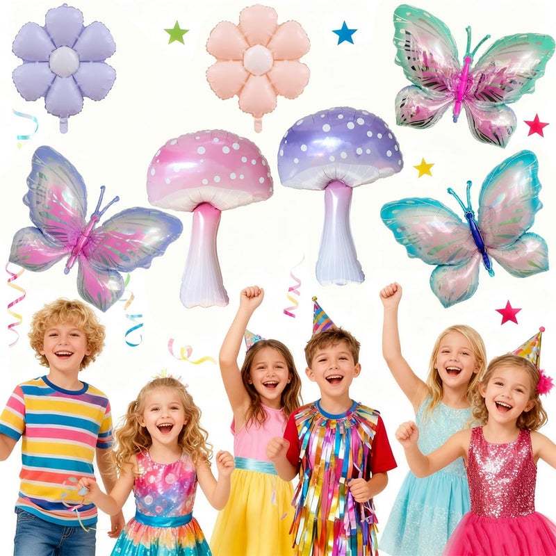 Ou Rui 9Pcs Butterfly Balloon Mushroom Balloons and Daisy Flower for Girls Birthday Decor Butterfl Themed Party Supplies Spring Holiday Picnic Decor and Fantasy Fairy Garden Party Wedding Arch Decorations - Image 4