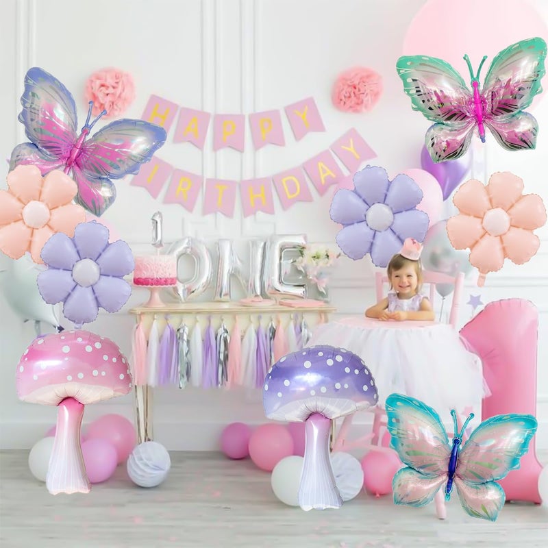 Ou Rui 9Pcs Butterfly Balloon Mushroom Balloons and Daisy Flower for Girls Birthday Decor Butterfl Themed Party Supplies Spring Holiday Picnic Decor and Fantasy Fairy Garden Party Wedding Arch Decorations - Image 2