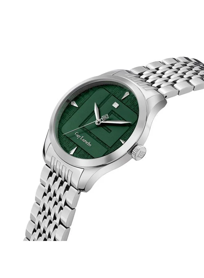 Guy Laroche Maxime 40mm Men's Analog Swiss Watch with Silver Stainless Steel Bracelet & Green Dial