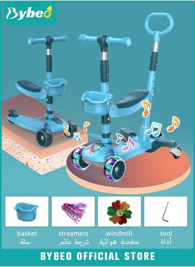 Bybeo - 5 in 1 Kids Scooters, 5 Wheels Toddler Kick Scooter with LED Flashing Light UP Wheels, Removable Seat, Adjustable Handlebar and Push Handle for Boys Girls 2-12 Years Old - Image 1