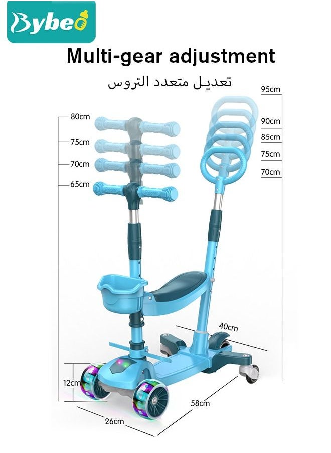 Bybeo - 5 in 1 Kids Scooters, 5 Wheels Toddler Kick Scooter with LED Flashing Light UP Wheels, Removable Seat, Adjustable Handlebar and Push Handle for Boys Girls 2-12 Years Old - Image 1
