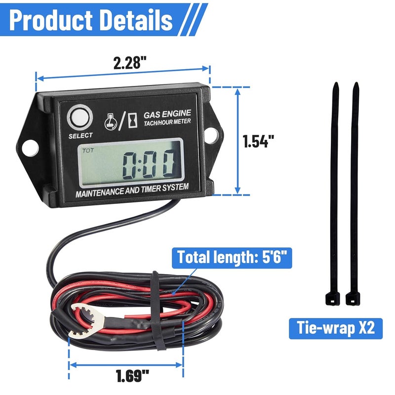 CarBole Digital Tiny Tachometer Tach Hour Meter Job Timer RPM Counter for Snowmobile Skis Motor Bike Go Kart Lawn Mower - Image 2