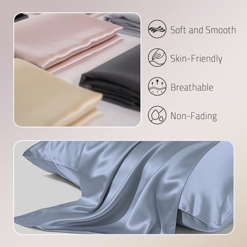 Gabire Mulberry Silk Pillowcases Set of 2 Both Sides Real Silk Pillowcase for Hair and Skin Cool Pillowcase Organic Silk Pillowcase 2 Pack with Hidden Zipper Dusty Blue Standard 2026 - Image 3