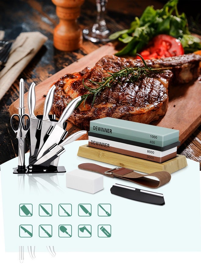 DEWINNER Knife Sharpening Stone, 4 Side Grit 400/1000 3000/8000 with Non-Slip Bamboo Base, Angle Guide, Polishing Compound, Leather Strop, Flattening Kit  - Image 1