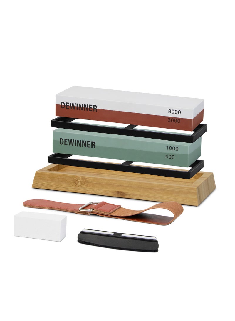 DEWINNER Knife Sharpening Stone, 4 Side Grit 400/1000 3000/8000 with Non-Slip Bamboo Base, Angle Guide, Polishing Compound, Leather Strop, Flattening Kit  - Image 2