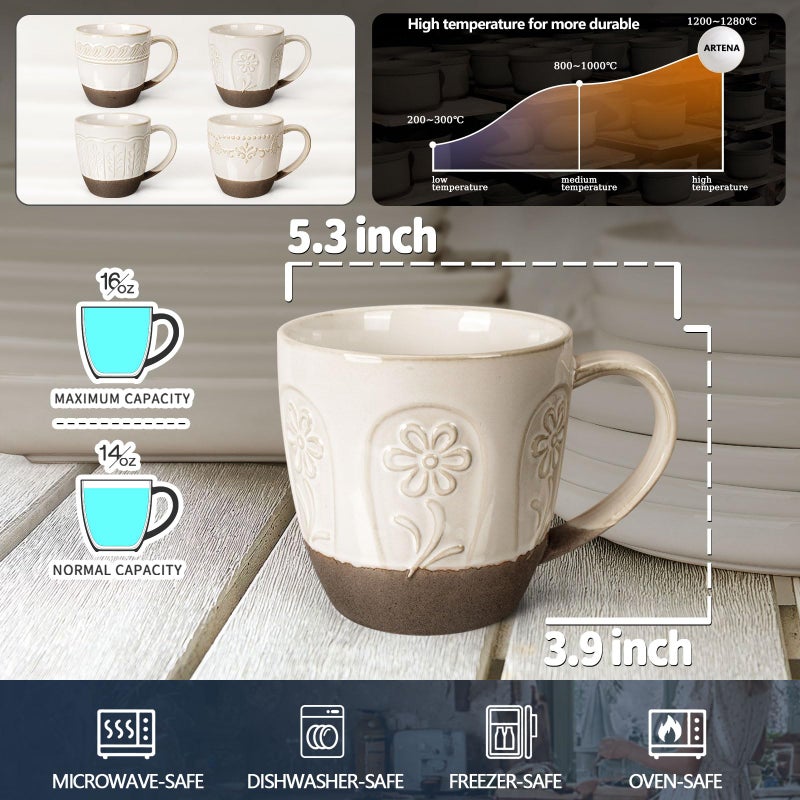 Artena Ceramic Coffee Mugs Set of 4, 16oz Embossed Large Latte Mugs Coffee Cups with Handle for Tea, Latte, Cappuccino & Cocoa, Milk Dishwasher & Microwave Safe, White (Pinwheel Flower) - Image 2