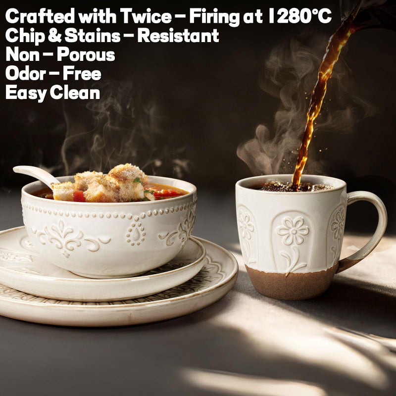 Artena Ceramic Coffee Mugs Set of 4, 16oz Embossed Large Latte Mugs Coffee Cups with Handle for Tea, Latte, Cappuccino & Cocoa, Milk Dishwasher & Microwave Safe, White (Pinwheel Flower) - Image 3