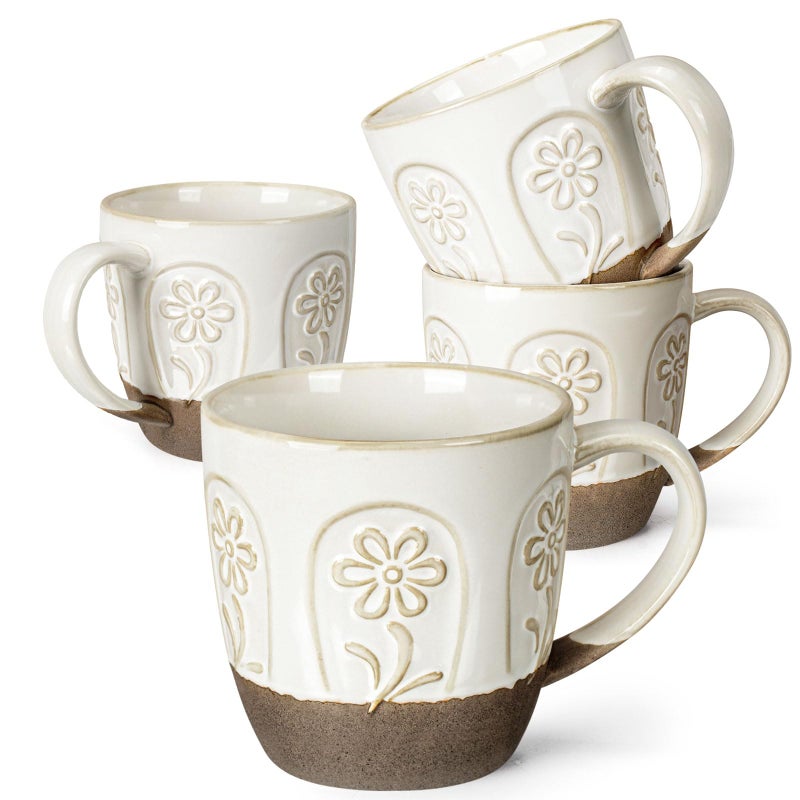 Artena Ceramic Coffee Mugs Set of 4, 16oz Embossed Large Latte Mugs Coffee Cups with Handle for Tea, Latte, Cappuccino & Cocoa, Milk Dishwasher & Microwave Safe, White (Pinwheel Flower) - Image 1