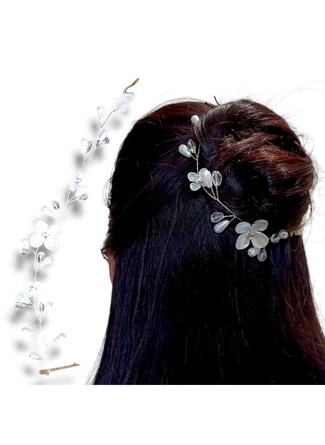 VITALOGY - Hair Accessories For Women Wedding | Tiara Hair Pins For Girls | Juda Bun Accessories | Artificial Flowers For Hair | Hairstyle Decoration Pearl Floral Bride Clips - Silver White (Style 7)  - Image 1