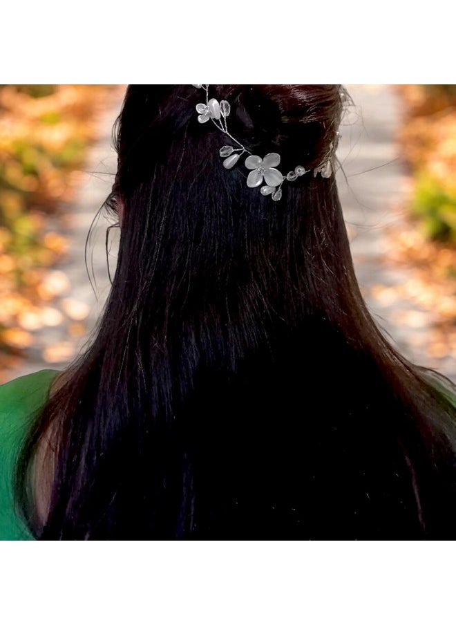 VITALOGY - Hair Accessories For Women Wedding | Tiara Hair Pins For Girls | Juda Bun Accessories | Artificial Flowers For Hair | Hairstyle Decoration Pearl Floral Bride Clips - Silver White (Style 7)  - Image 3