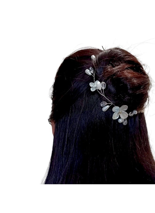 VITALOGY - Hair Accessories For Women Wedding | Tiara Hair Pins For Girls | Juda Bun Accessories | Artificial Flowers For Hair | Hairstyle Decoration Pearl Floral Bride Clips - Silver White (Style 7)  - Image 5