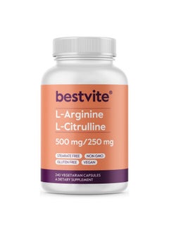 BESTVITE BESTVITE L-Arginine L-Citrulline 500mg / 250mg Vegan (240 Vegetarian Capsules) - No Stearates - No Dicalcium Phosphate - Non GMO - Gluten Free  - Image 1