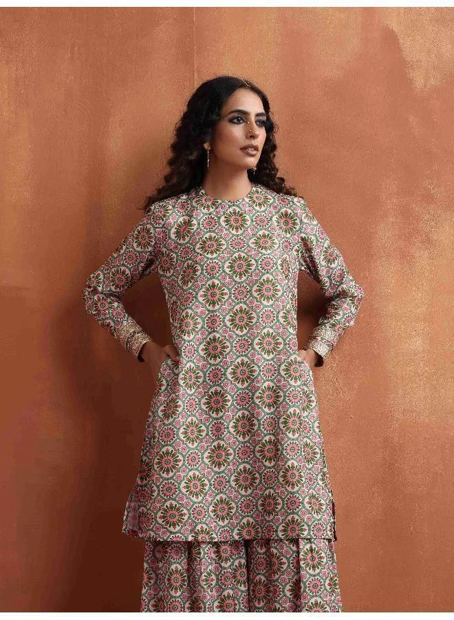 trueBrowns Off White Geometric Print Sharara Set
