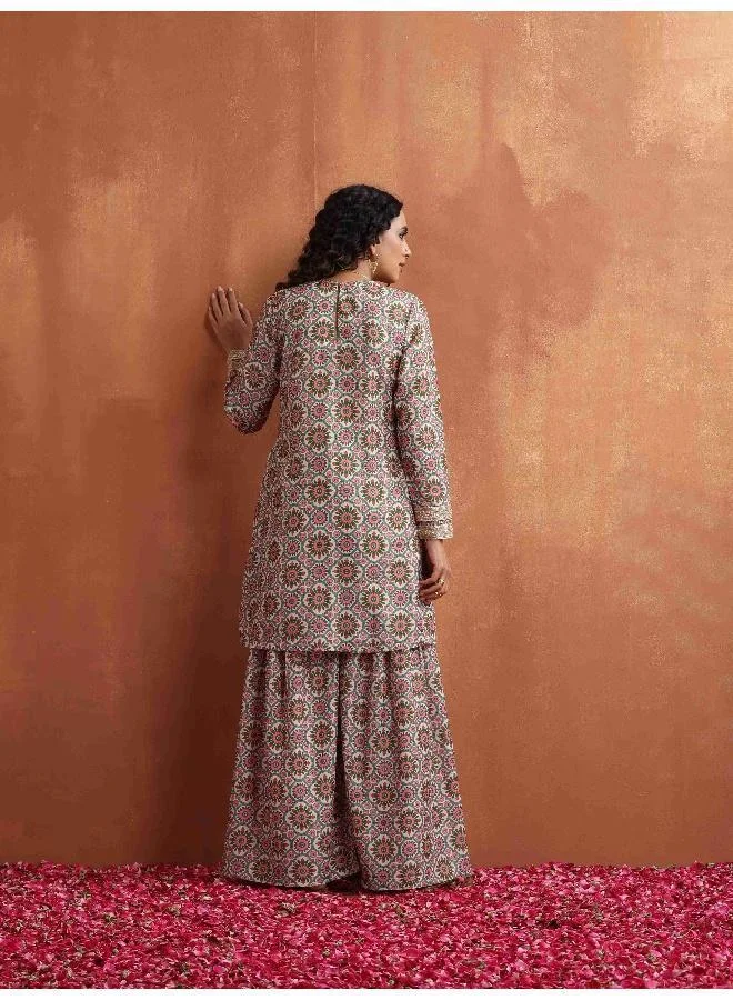 trueBrowns Off White Geometric Print Sharara Set