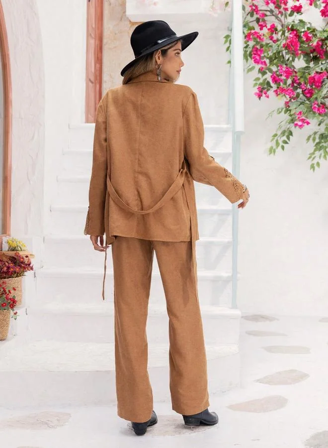 تايك تو Take Two Solid Long Sleeve Blazer with Straight Leg Pants Co-Ords