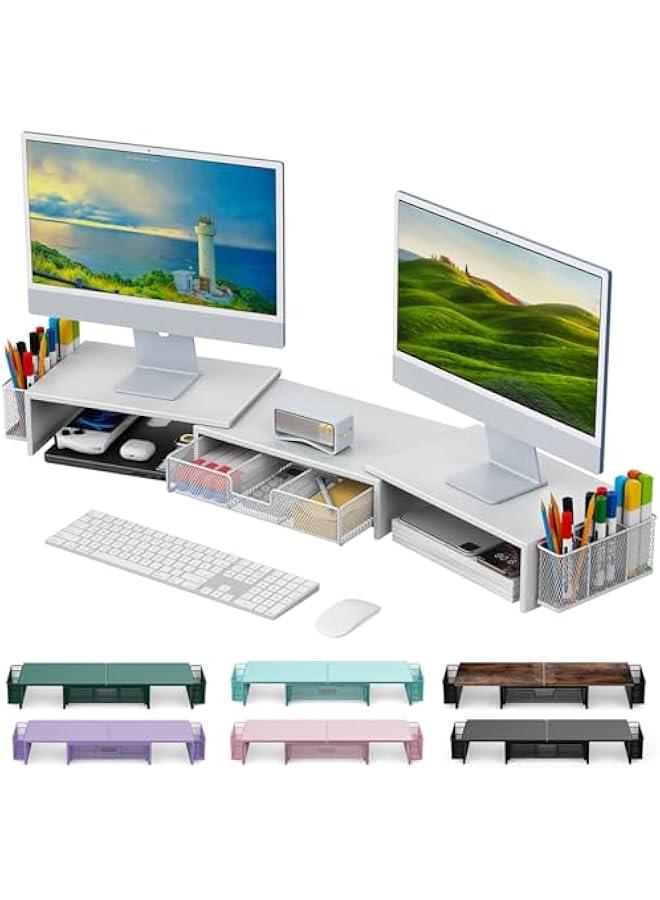 Arabest Dual Monitor Stand Riser, Desk Organizer With Drawer and 2 Pen Holders, Monitor Stand for Desk, Office Decor Essentials (White) - Image 1