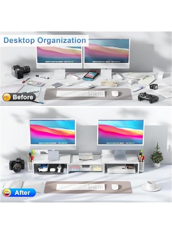 Arabest Dual Monitor Stand Riser, Desk Organizer With Drawer and 2 Pen Holders, Monitor Stand for Desk, Office Decor Essentials (White) - Image 2