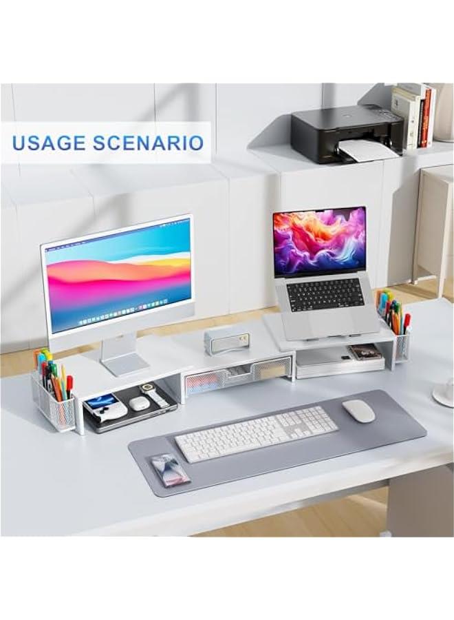 Arabest Dual Monitor Stand Riser, Desk Organizer With Drawer and 2 Pen Holders, Monitor Stand for Desk, Office Decor Essentials (White) - Image 5
