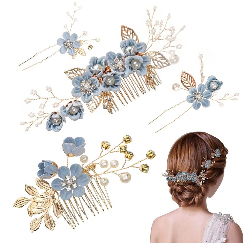 4PCS Wedding Hair Pins Bridal Pearl Hair Side Combs Set Floral Leaf Head Piece Hairdecor Accessories Rose Gold Rhinestone Handmade Bridesmaid Hair Clip Crystal Headpiece Set for Women Girls