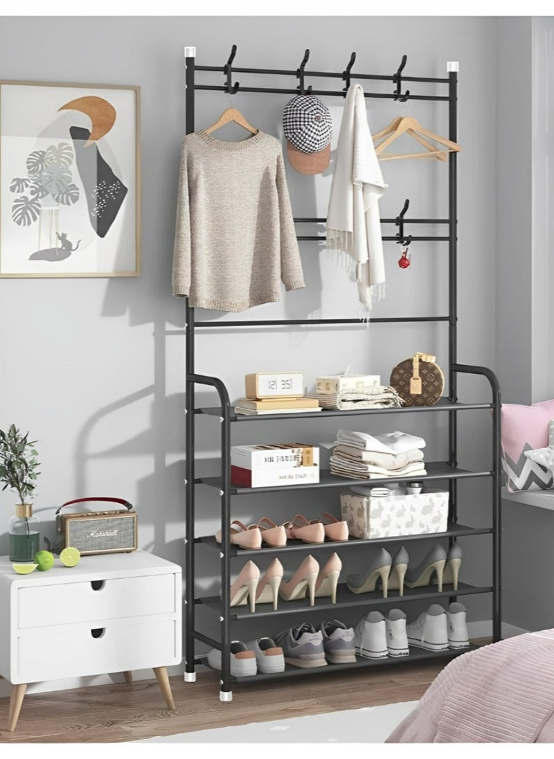 ULHYC Shoe Rack Stand Entryway Hall Tree 5-Tier Shoe Storage Organizer Shelf with 8 Hanger Hooks for Clothes Hat Scarf Umbrella Bag Hanging  - Image 2