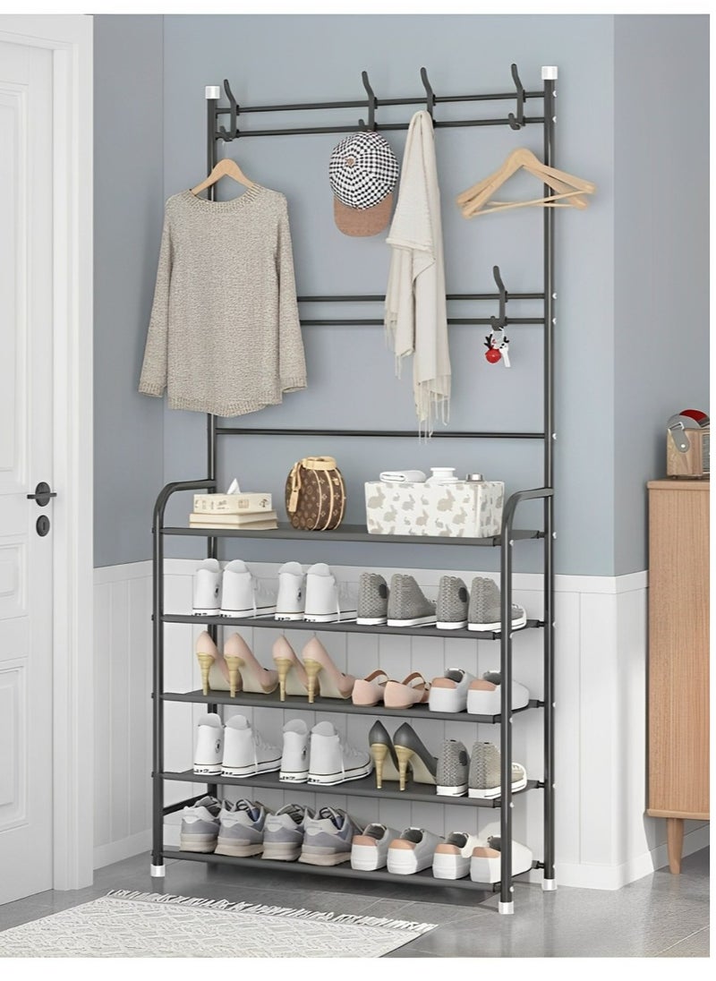 ULHYC Shoe Rack Stand Entryway Hall Tree 5-Tier Shoe Storage Organizer Shelf with 8 Hanger Hooks for Clothes Hat Scarf Umbrella Bag Hanging  - Image 3