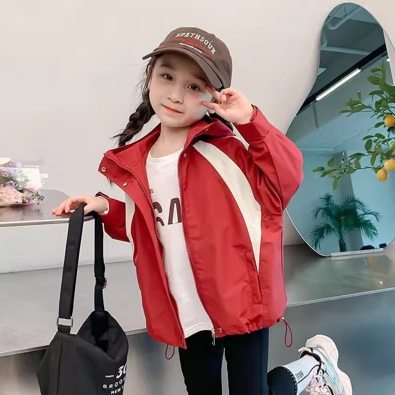 2024 New Style Middle and Large Childrens Casual Coat Stylish Girls Autumn Childrens Korean Style Outdoor Hooded Rush Clothes Fashionable Red slanted jacket 