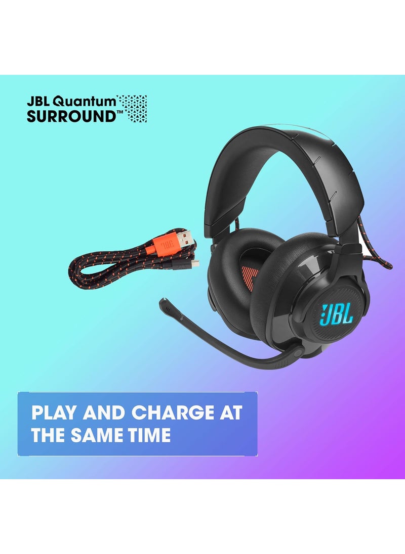 JBL - JBL Quantum 610 Wireless  Wireless OverEar Gaming Headset JBL QuantumSURROUND 24GHz Wireless 40 Hours of Wireless Battery Life GameChat dial flipup Boom Microphone Black - Image 1