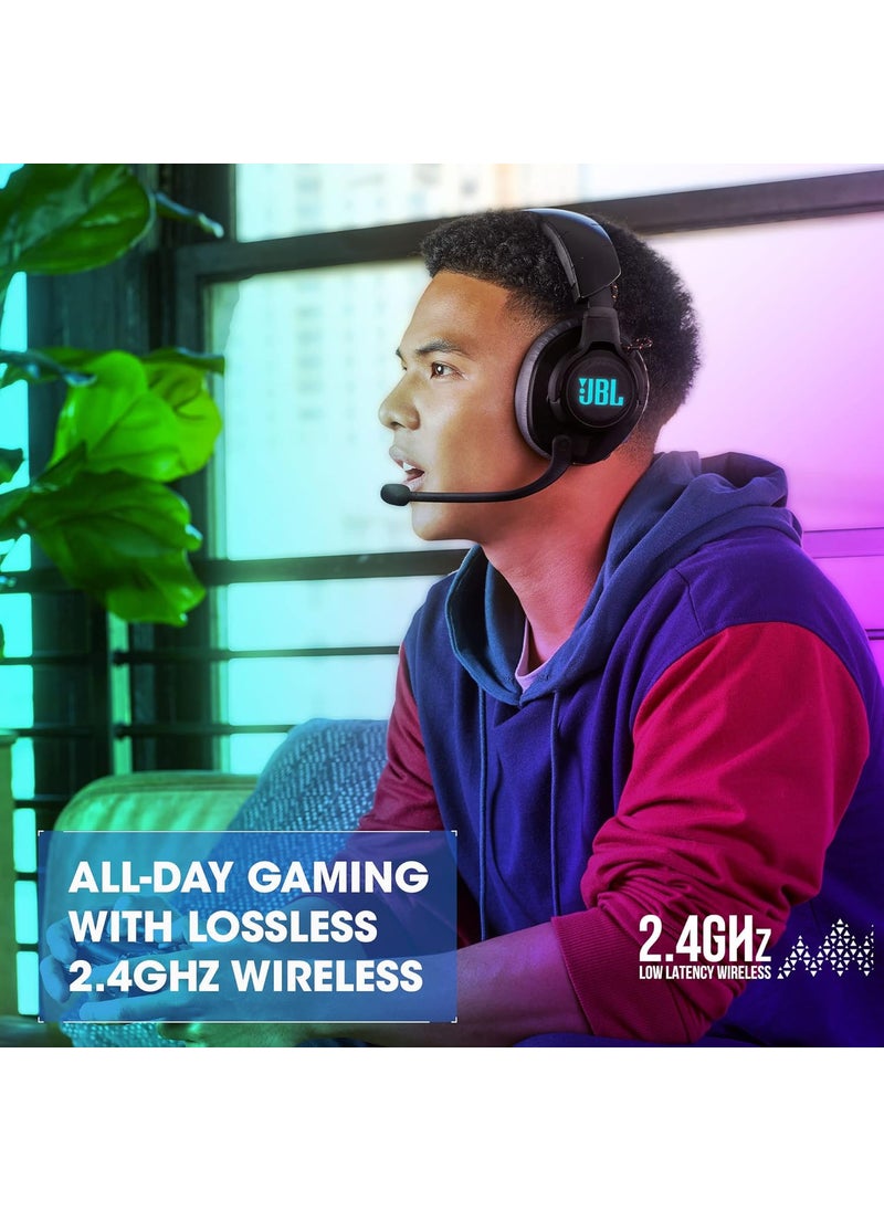 JBL - JBL Quantum 610 Wireless  Wireless OverEar Gaming Headset JBL QuantumSURROUND 24GHz Wireless 40 Hours of Wireless Battery Life GameChat dial flipup Boom Microphone Black - Image 1