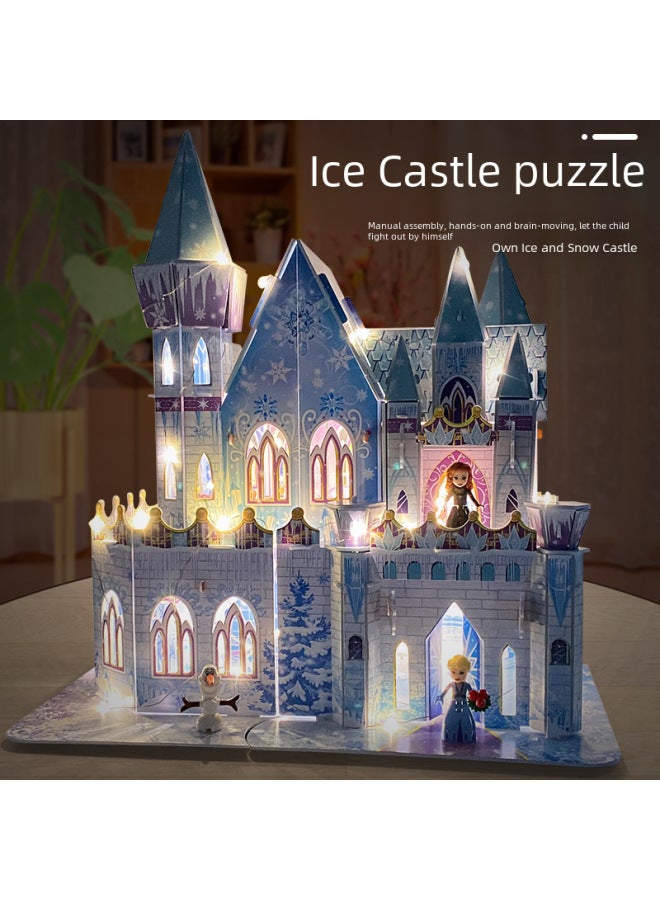 Ice Castle Children's Three-dimensional Puzzle 3d Assembled Model Toy Girl's Patchwork Cottage Birthday Gift-Color:Ice And Snow Puzzle Castle + Colored Lights - Image 2
