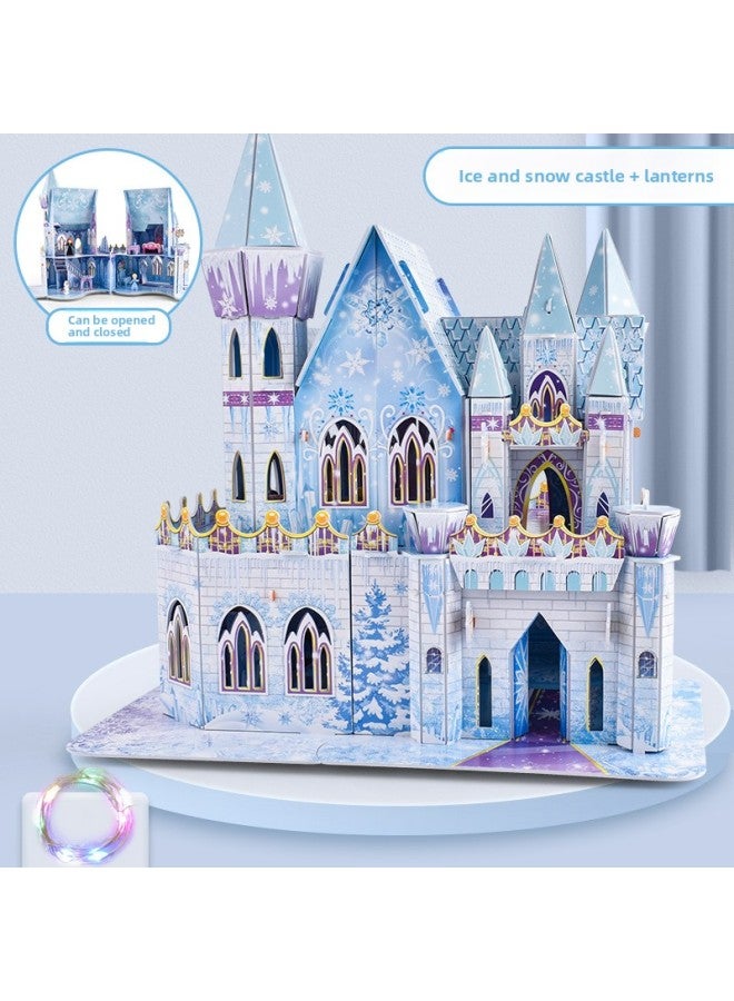 Ice Castle Children's Three-dimensional Puzzle 3d Assembled Model Toy Girl's Patchwork Cottage Birthday Gift-Color:Ice And Snow Puzzle Castle + Colored Lights - Image 1