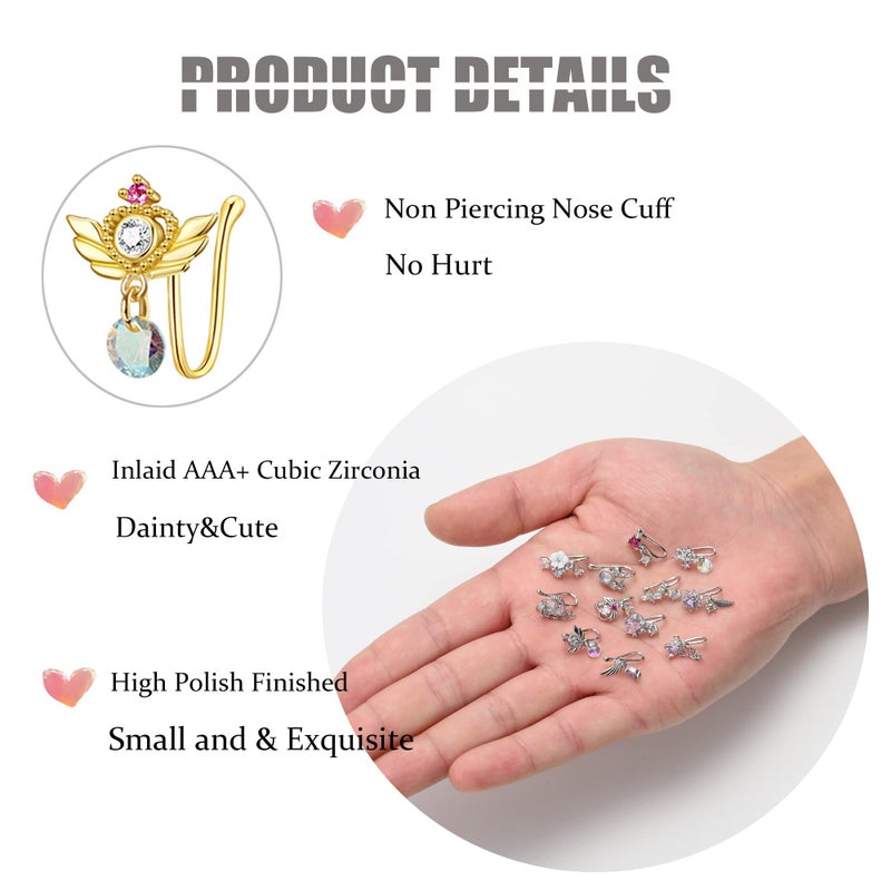 PLOMFOV 12Pcs Fake Nose Ring for Women Dangling Nose Cuffs Faux Clip on Nose Ring for Non Pierced Nose Gold Tone - Image 2