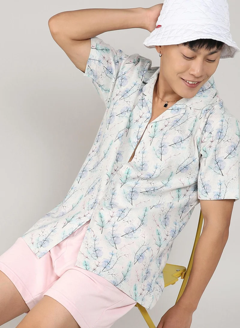 CAHOOT  Men's Ivory White & Icy Blue Flora Tint Shirt for Men | Best Price UAE
