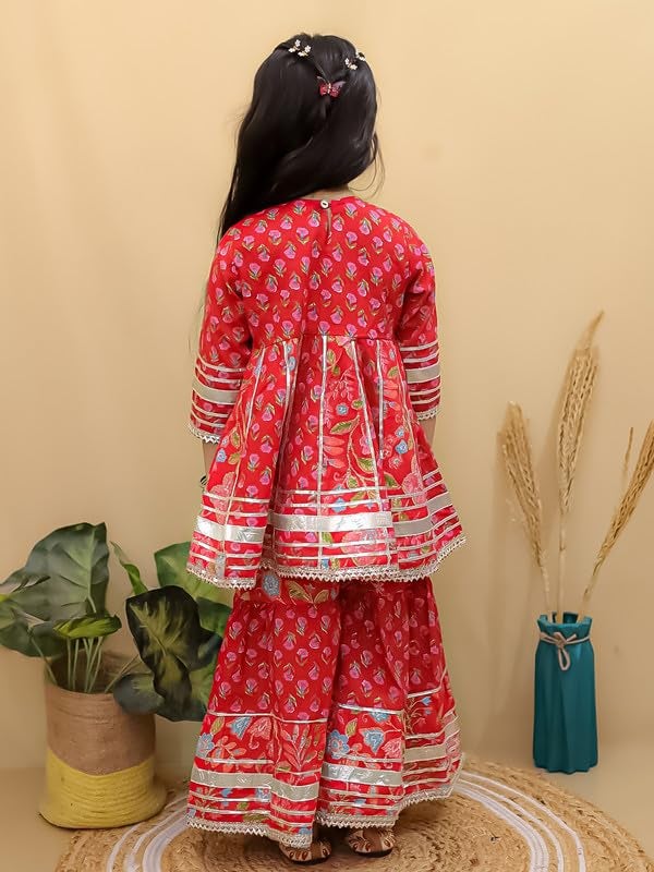superminis Girls Cotton Floral Printed Gotta Work 3/4 Sleeves Flared Design Kurti & Sharara Set (12-18 Months, Red) - Image 3