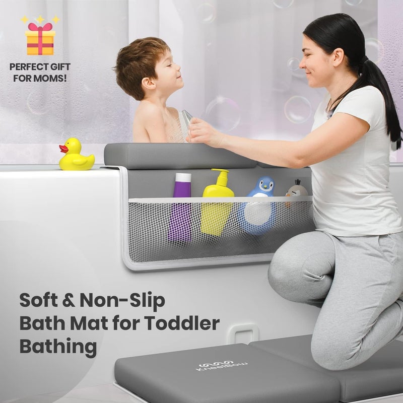 Kneelbow Baby Bath Kneeler and Elbow Rest Pad 2 Pieces Set with 3 Spacious Pocket to Organize Baby Acessories, 1.5" Thick Non-Slip, Soft, Fast-Drying Foldable Toddler Bath (Grey) - Image 2